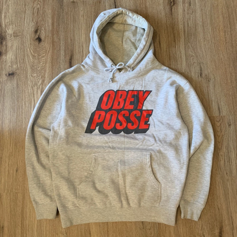 Obey pullover graphic hoodie in heather grey "OBEY POSSE" - size large mens